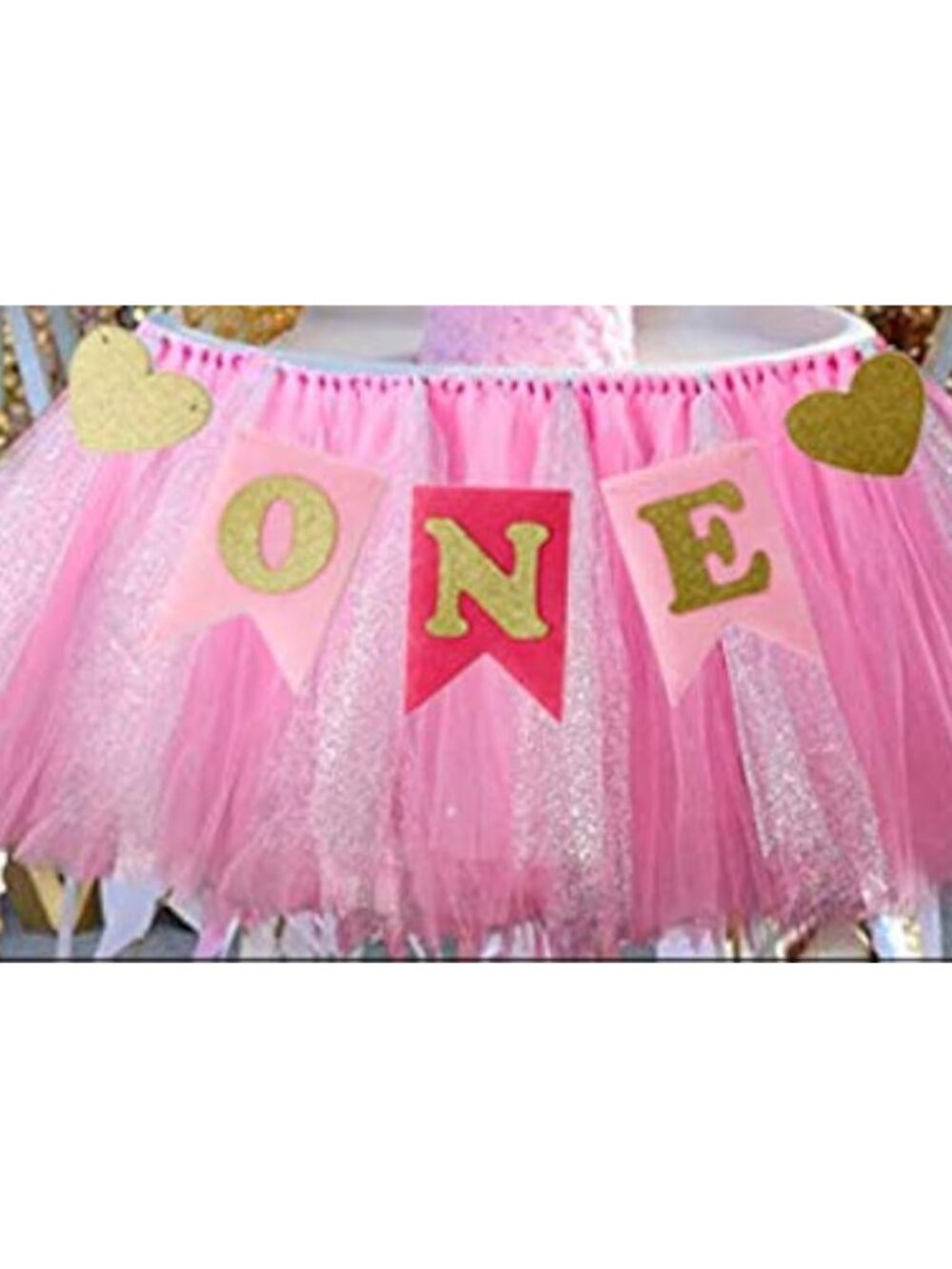 1st Birthday Girl Baby Tutu for High Chair Decoration and "ONE" Pennant Happy Bi
